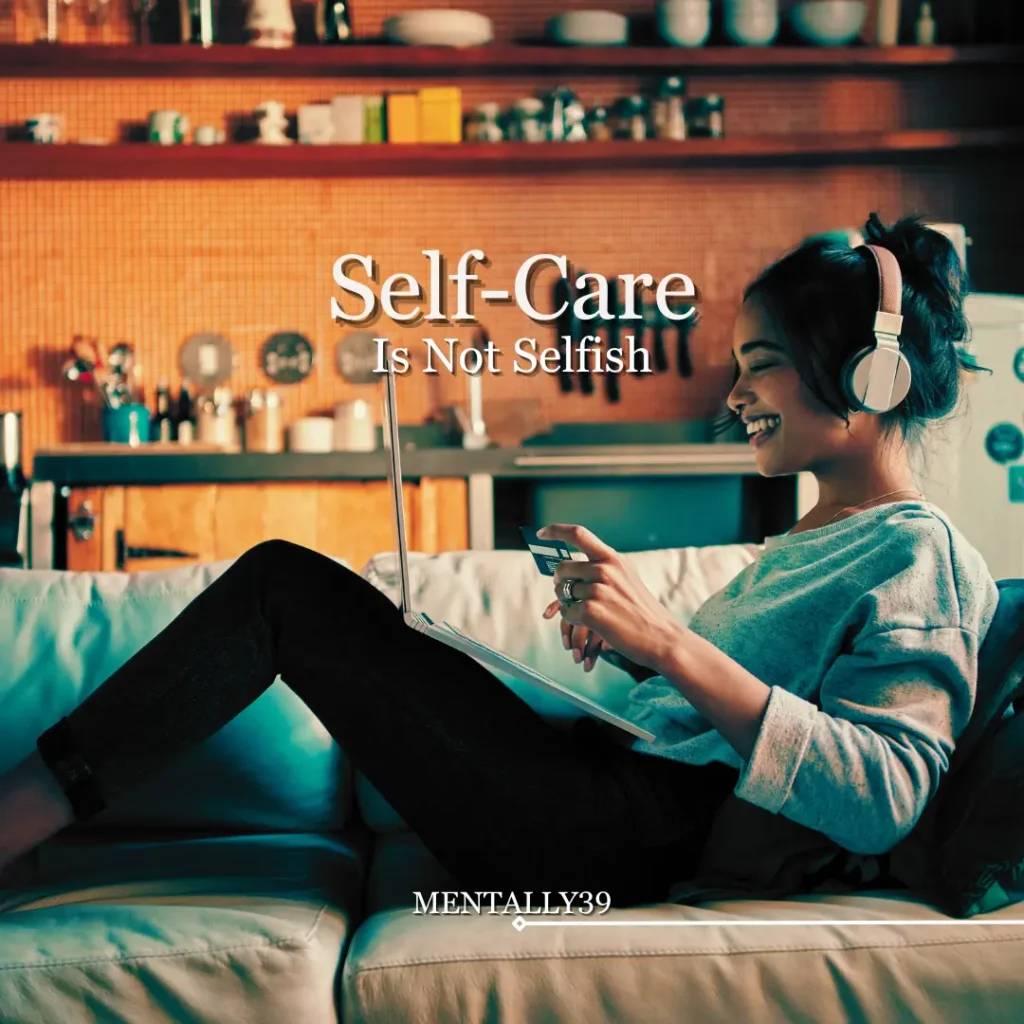 self-care goals woman relaxing on a coach with laptop